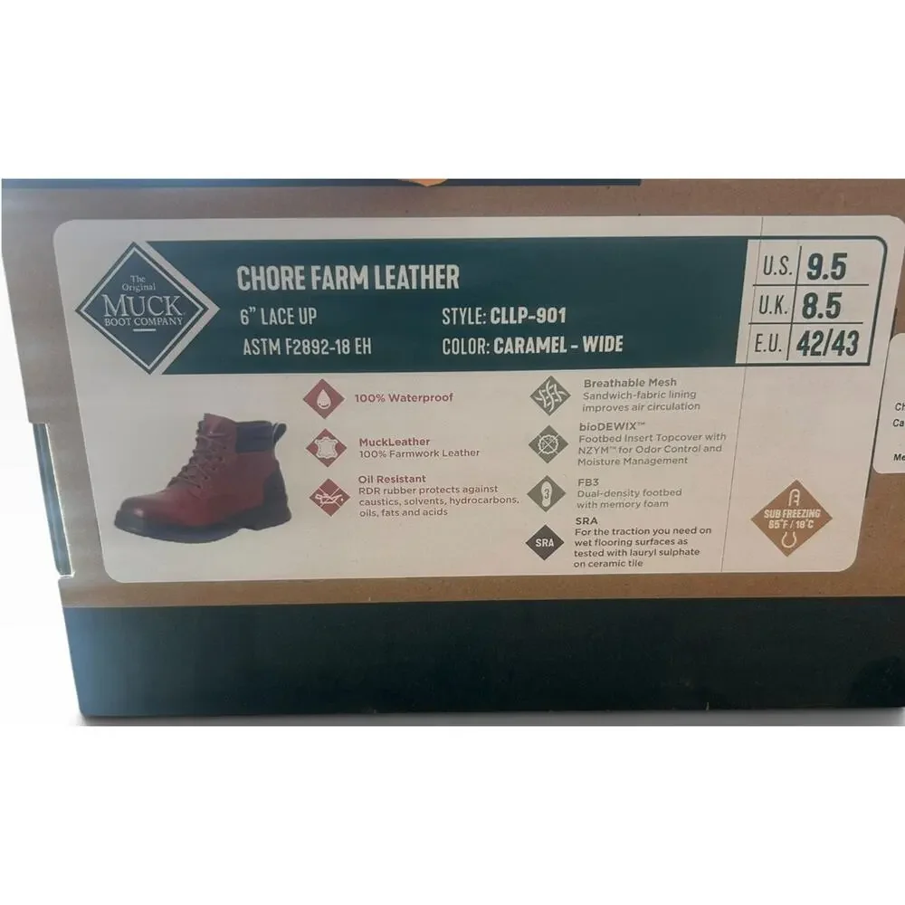Muck Boot Co Chore Farm Leather Boots Men’s 9.5 Wide 6” Lace Up Waterproof NIB